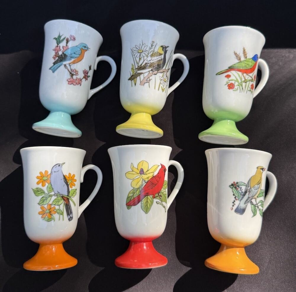 6 Fred Roberts Pedestal Bird Print Porcelain Ceramic Cup Mugs Vintage Full Set!